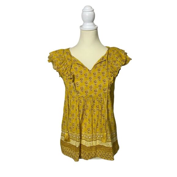 Rose + Olive Yellow Boho Short Flutter Sleeve Top W/ Tassels Women's Size Small - Picture 1 of 14